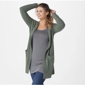 Barefoot Dreams CozyChic Ultra Lite Green Hooded Open Front Cardigan XS